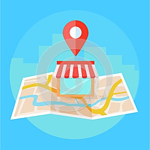 Local seo banner, Map and shop in realistic view. photo