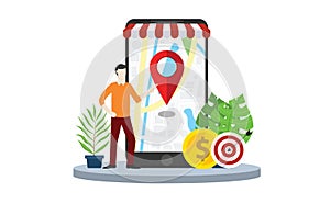 Local seo market strategy business search engine optimization with business man stand in front of mobile smartphone with maps