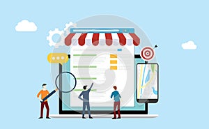 Local seo market strategy business search engine optimization with team people working together on front of store and maps online