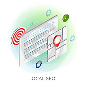 Local SEO Marketing Strategy vector isometric icon. Search results regarding your location, displaying local stores near you