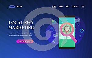 Local SEO Marketing UI UX vector web template for website header, banner, slider or landing page. Local Search Engine Optimization