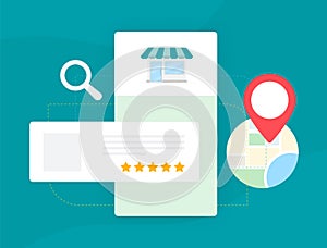 Local SEO Strategy for small businesses concept. Local Business Listings with Map and Ratings Icons for Nearby Places. Search