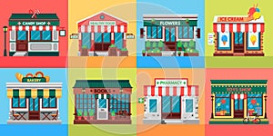 Local shops facades. Grocery shop doors, old boutique store building front and retail stores facade flat vector set