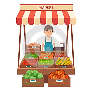 Local stall market. Selling vegetables. Flat vector illustration