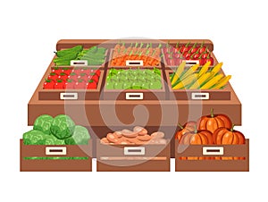 Local stall market. Selling vegetables. Flat vector illustration