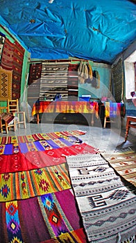 A local store sell rugs carpets in Teotitlan del Valle city, Oaxaca, Mexico.