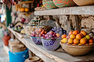 Local street market of natural products. Small local farmer shop of fruits, vegetables in street of Spanish city in