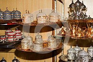 Local traditional handicraft tea and coffee pots and cups Turkish style