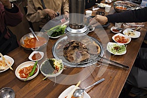 Local traditional korean gourmet food black pig of Jeju Island for grilled roasted barbecue pork and seasoning side dish for