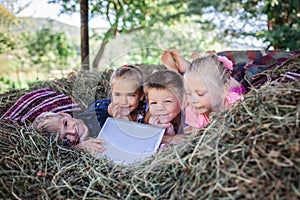 Local vacation. Group of friends watching video with laptop on the hayloft at the farm