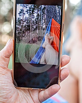 Local vacation. Woman having rest in hammock in the forest and making selfie