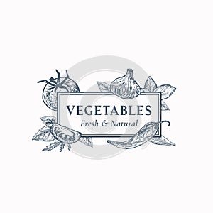 Local Vegetables Abstract Vector Sign, Badge or Logo Template. Tomato, Garlic, Peppers and Basil Leaf Sketches with