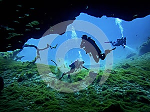 Local women scuba divers swim in the entrance to the cavern at Royal Springs, Suwannee County, Florida