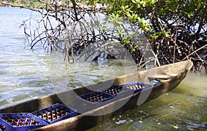 Local wooden boat cayuco transporting beers