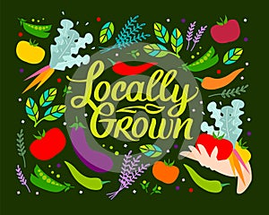 Locally grown. Vector illustration, locavore food. Organic vegetables, lettering with calligraphy. Tomatoes, green peas