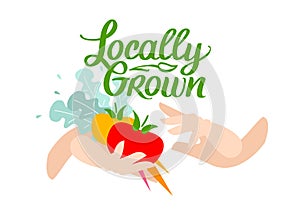 Locally grown. Vector illustration for locavore food. Organic vegetables with Lettering with handwright calligraphy