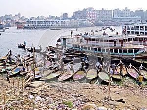 Ferry boats at port of Dhaka, Buriganga River, Sadarghat, Dhaka, Bangladesh