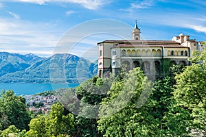 Locarno city and lake Maggiore with Madonna del Sasso Sanctuary, Switzerland