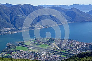 View of Locarno and Lake Maggiore from the Cardada-Cimetta mountain range. Ticino canton, Switzerland