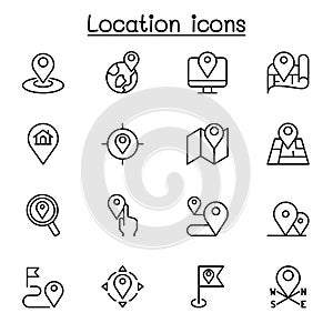 Location, address, map icon set in thin line style