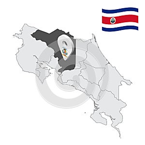 Location of  Alajuela Province on map Costa Rica. 3d location sign similar to the flag of Alajuela. Quality map  with  provinces o