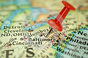 Location Baltimore city in Maryland, map with red push pin pointing close-up, USA, United States of America