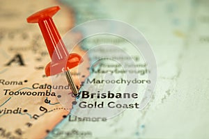 Location Brisbane in Australia, map with push pin close-up, travel and journey concept