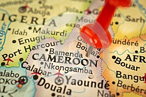 Location Cameroon, map with push pin close-up, travel and journey concept with marker, Africa