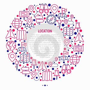 Location concept in circle with thin line icons