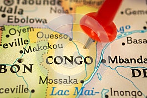 Location Congo, map with push pin close-up, travel and journey concept with marker, Africa