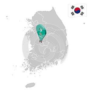 Location of Daejeon on map South Korea. 3d location sign similar to the flag of Daejeon. Quality map  with  provinces of  South Ko