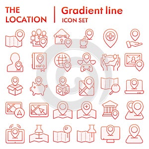 Location flat icon set, navigation symbols collection, vector sketches, logo illustrations, direction signs red gradient