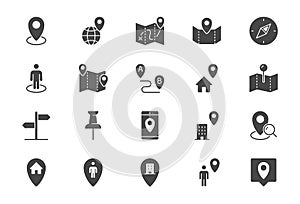 Location flat icons. Vector illustration include icon - gps, paper map, globe, information sign, compass, smartphone