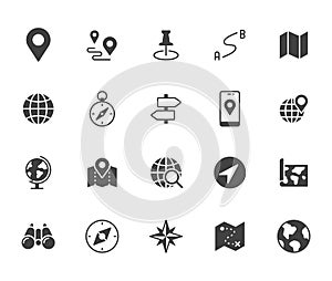Location flat illustration including icons - compass, travel, globe, map, geography, earth, distance, direction vector