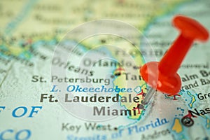 Location Ft. Lauderdale city in Florida, map with red push pin pointing close-up, USA, United States of America