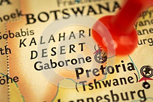 Location Gaborone in Botswana, map with push pin close-up, travel and journey concept with marker, Africa