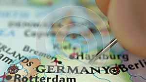 Location Germany, push pin on map close-up, marker of destination for travel, tourism and trip concept, Europe