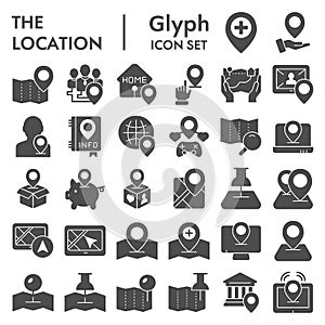 Location glyph icon set, navigation symbols collection, vector sketches, logo illustrations, direction signs solid