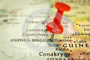 Location Guinea-Bissau, map with push pin close-up, travel and journey concept with marker, Africa