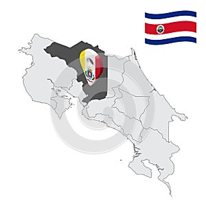 Location of  Heredia Province  on map Costa Rica. 3d location sign similar to the flag of Heredia. Quality map  with  provinces of photo