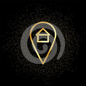 Location, house, home gold icon. Vector illustration of golden particle background. Real estate concept vector illustration