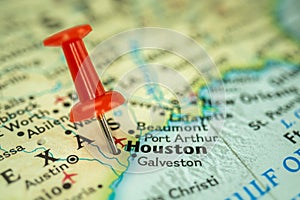 Location Houston city in Texas, map with red push pin pointing close-up, USA, United States of America