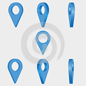 Location icon. Set of blue 3d mapping pins. Vector.