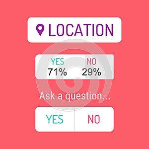 Location icon, sign, sticker template. Web buttons YES or NO. Statistic. Blogging. Social media concept