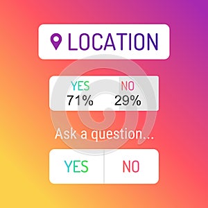 Location icon, sign, sticker template. Web buttons YES or NO. Statistic. Blogging. Social media concept