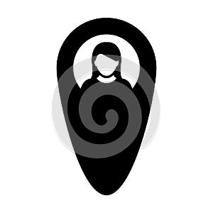 Location icon vector female user person profile avatar with map marker pin symbol in flat color glyph pictogram