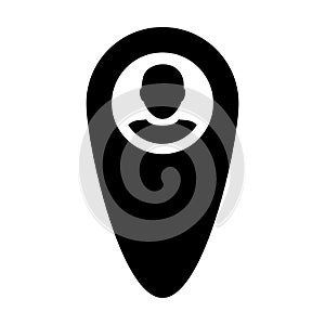 Location icon vector male user person profile avatar with map marker pin symbol in flat color glyph pictogram