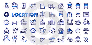 Location icons in line design blue. Map, destination, place, navigation, point, GPS, distance, destination, navigation