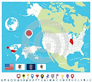 Location of Illinois on USA map with flags and map icons