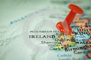 Location Ireland, push pin on map close-up, marker of destination for travel, tourism and trip concept, Europe